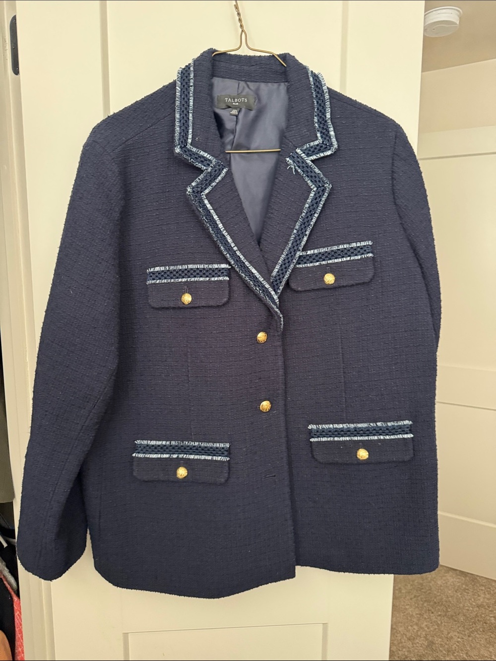 Talbots Navy Tweed Blazer with Gold Buttons and Trim
